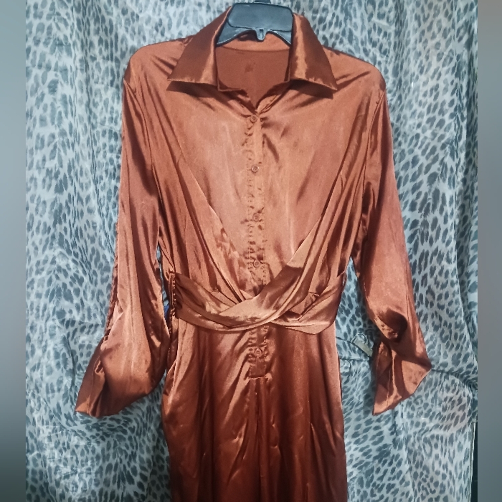 Women Bronzer Orange Color Butyon Down Wrap Jumpsuit - Picture 3 of 14